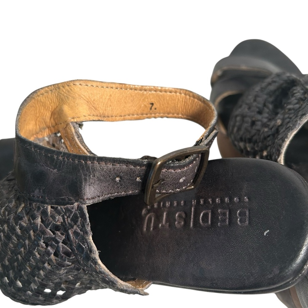 Bed Stu Petra Black Weaved Leather Distressed Wedge Sandal Size 7 Boho Chunky - Picture 9 of 12